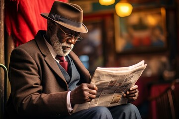 Knowledgeable Old black man reading newspaper. Mature male alone handsome news. Generate Ai - obrazy, fototapety, plakaty