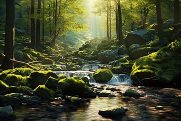 A picture of a stream flowing through a vibrant and lush green forest. This image can be used to depict tranquility and nature's beauty