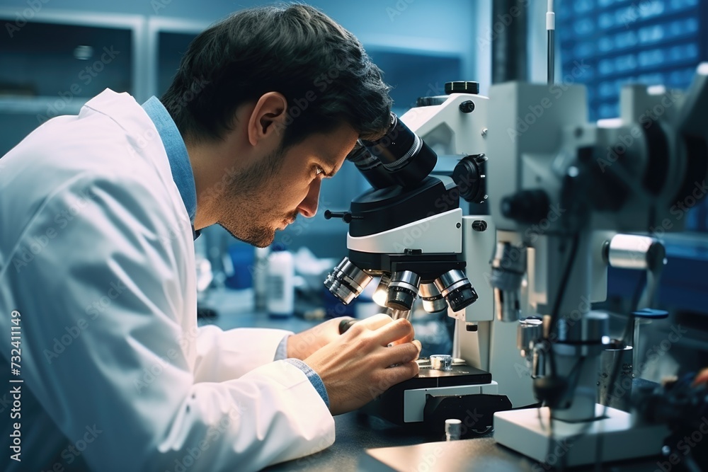 Poster A man in a lab coat is carefully observing a specimen through a microscope. This image can be used to illustrate scientific research, laboratory work, or education