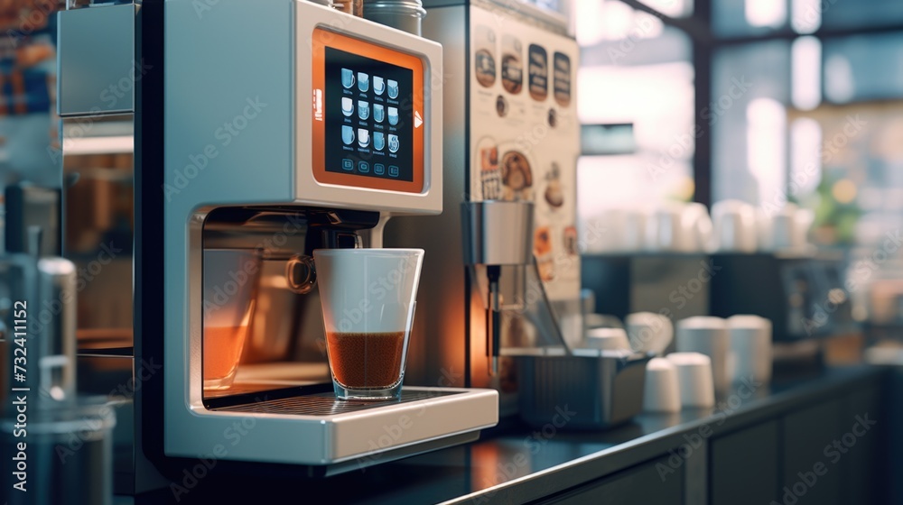 Poster a coffee machine with a cup of coffee in front of it. perfect for illustrating the process of making