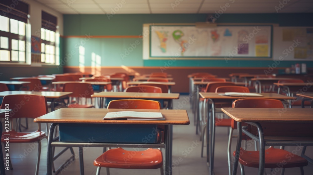 Poster a classroom with desks and chairs, featuring a map on the wall. suitable for educational and school-
