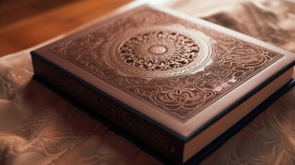 Fototapeta premium A book sitting on top of a bed. Can be used to represent relaxation, reading, or a cozy bedroom setting