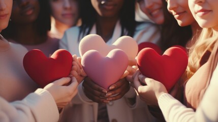 A group of people holding up hearts in their hands. Perfect for expressing love, unity, and support. Ideal for social media posts, greeting cards, and advertising campaigns - obrazy, fototapety, plakaty