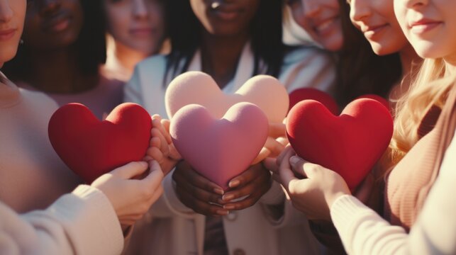 A group of people holding up hearts in their hands. Perfect for expressing love, unity, and support. Ideal for social media posts, greeting cards, and advertising campaigns