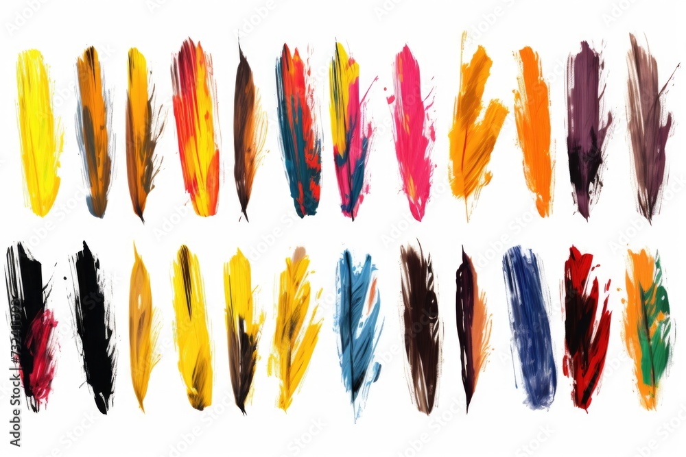 Poster Colorful feathers arranged together on a clean white background. Perfect for adding a vibrant touch to any project