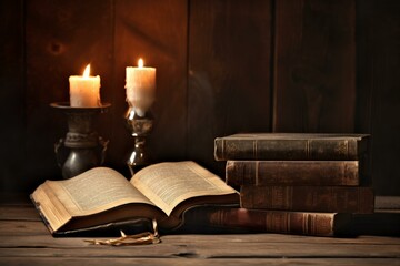 Old book and candles on wooden table. Art paper candle blank antique. Generate AI - Powered by Adobe