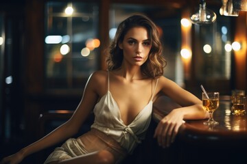 A woman wearing a white dress sits at a bar. Suitable for various concepts and themes