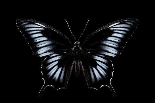 A black and white butterfly is captured on a black background. This image can be used for various purposes