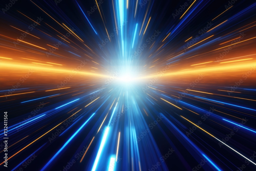 Poster Vibrant blue and orange light streaks illuminating a dark black background. Perfect for adding a dynamic and energetic touch to your design projects
