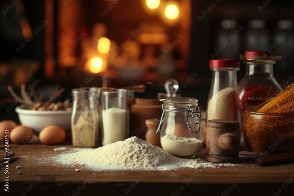 Poster a variety of different types of food displayed on a wooden table. perfect for food-related projects 