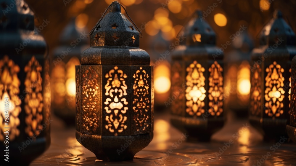 Poster A group of lit lanterns sitting on top of a table. Perfect for adding a warm and cozy ambiance to any space