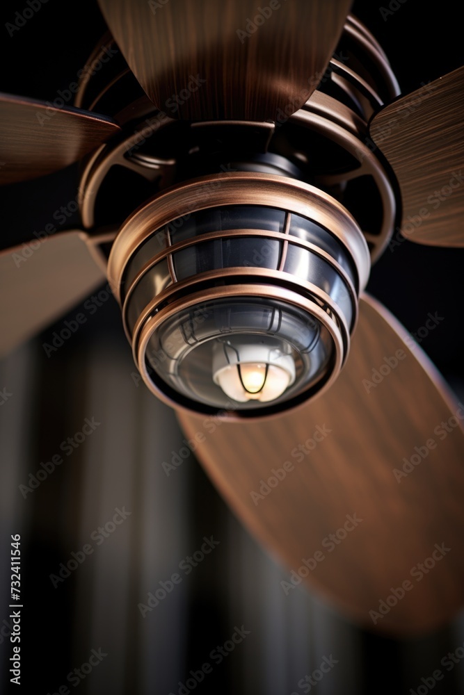 Poster A close up view of a ceiling fan with a light. Perfect for adding a modern touch to any room