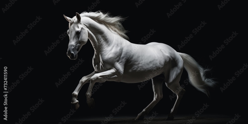 Poster a powerful and elegant white horse galloping through the darkness. perfect for adding a sense of mys