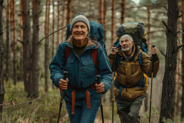 senior people walking in the mountains on a hiking trail