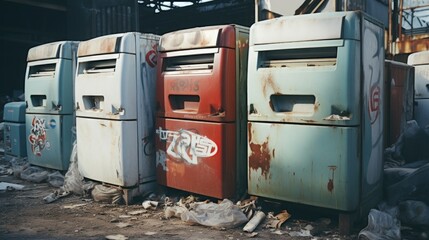 A row of old refrigerators sitting in a junkyard. Perfect for illustrating waste, recycling, or environmental issues