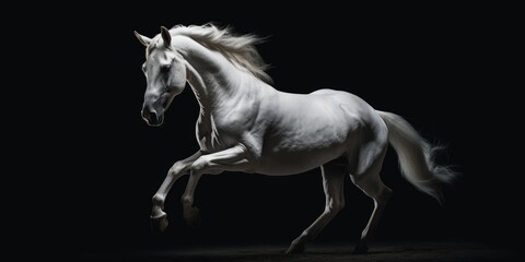 Obraz na płótnie Canvas A powerful and elegant white horse galloping through the darkness. Perfect for adding a sense of mystery and energy to any project