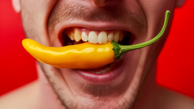 gros plan sur une bouche d'homme qui serre un piment jaune entre ses dents - fond rouge