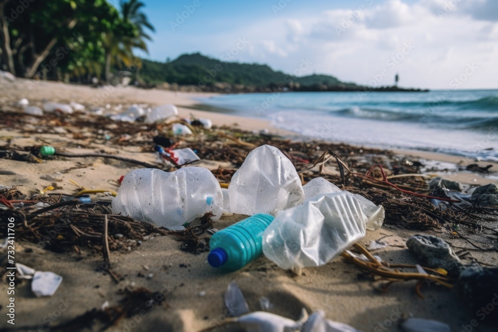 Poster a bunch of plastic bottles sitting on top of a beach. perfect for highlighting the issue of pollutio