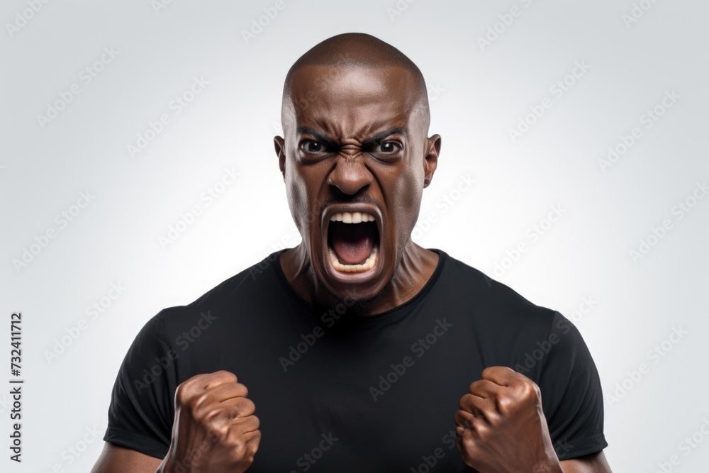 Poster a man wearing a black shirt is captured in the act of screaming. this intense image can be used to d