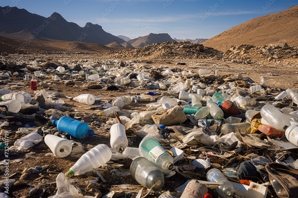 Poster a pile of plastic bottles and other items in the desert. suitable for environmental and waste manage