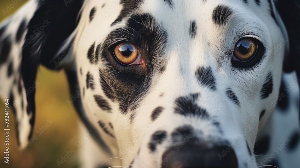 Poster close-up view of a dalmatian dog's face. perfect for animal lovers and pet-related projects
