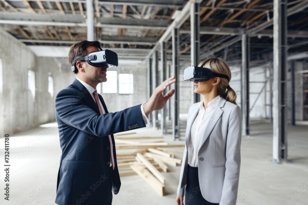 Poster a man and a woman are pictured wearing virtual reality headsets. this image can be used to illustrat