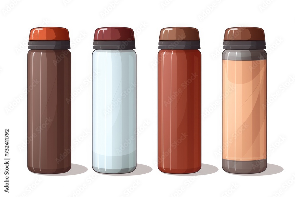Poster a row of different colored water bottles on a white background. ideal for promoting hydration and ec