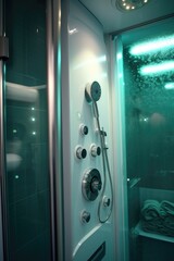 A modern shower with a glass door and a shower head. Suitable for bathroom designs and home renovation projects