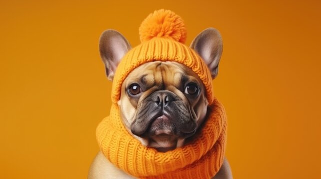 A cute dog is wearing a knitted hat and scarf. This picture can be used to showcase winter fashion for pets