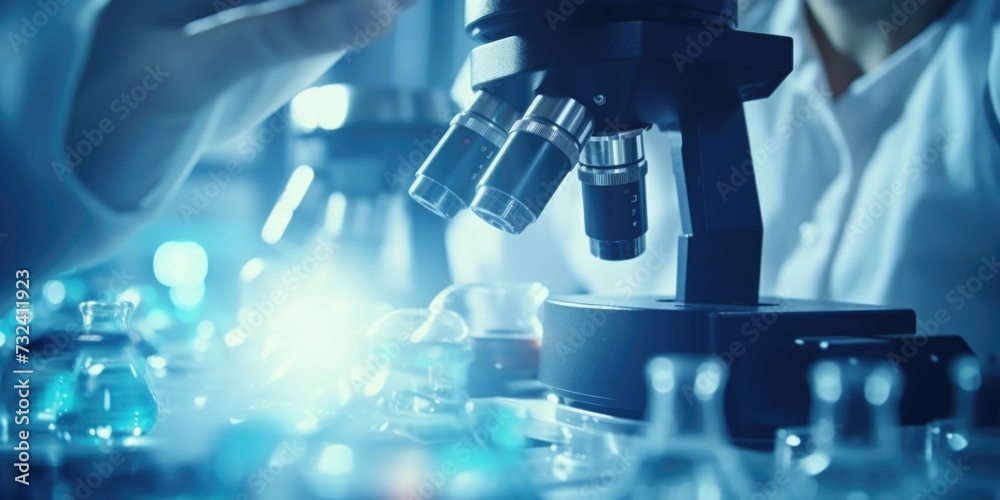 Poster a woman is using a microscope to examine something closely. this image can be used to illustrate sci