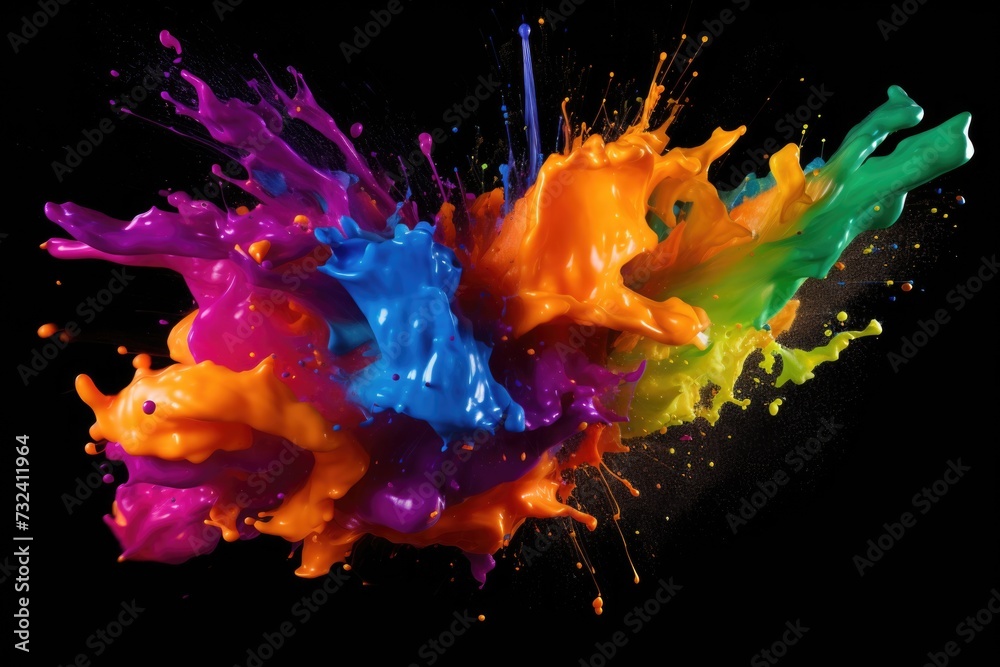 Poster Colorful paint splatters on a black surface. Versatile image suitable for various creative projects