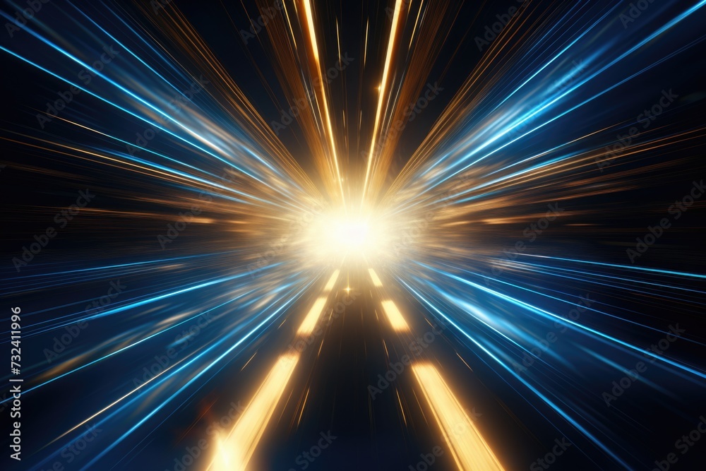 Poster blue and yellow light streaks cutting through a dark black background. suitable for various design p