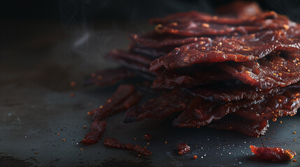 close up of a beef jerky, peppers, salt, smoked beef, dried, salted meat