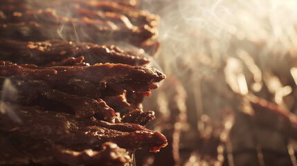 close up of a beef jerky, peppers, salt, smoked beef, dried, salted meat