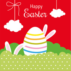 Happy easter card with eggs, clouds and rabbit, on the red background, celebrate, holidays, vector, illustration