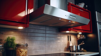 A kitchen with red cabinets and a sleek stainless steel range hood. Perfect for modern and contemporary home designs