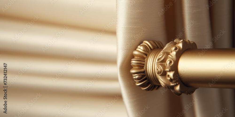 Poster a close up view of a curtain with a gold handle. suitable for interior design or home decor concepts