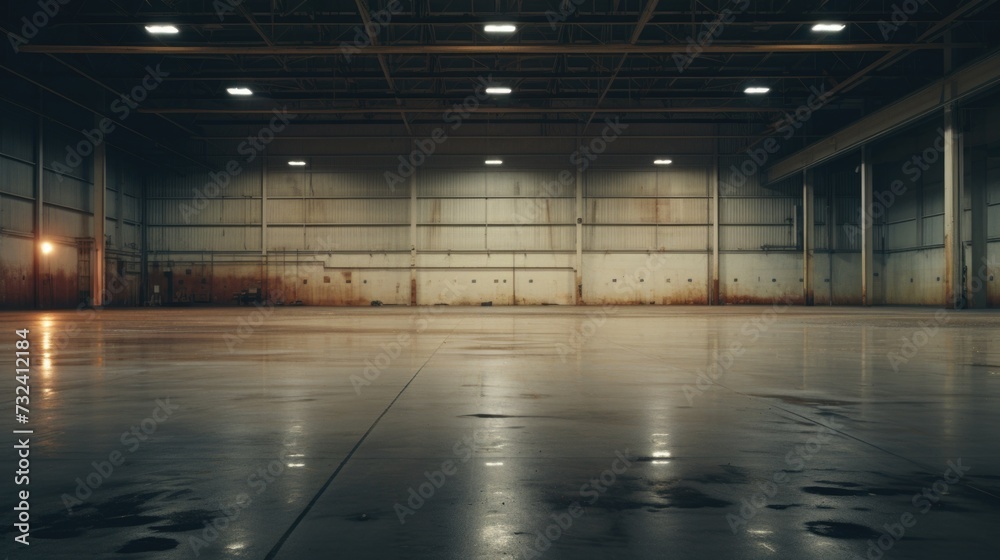Poster An empty industrial building with ample natural light. Perfect for showcasing the vast space and potential of an industrial setting