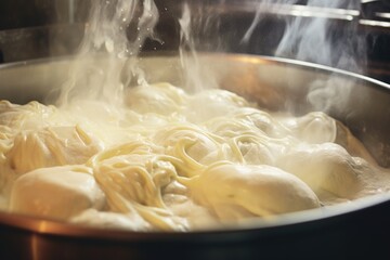 A pan filled with noodles and meat being cooked. Perfect for food-related projects