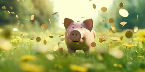 A piggy bank sits in the middle of a field of coins. This image can be used to represent savings, financial planning, or the concept of money growing - obrazy, fototapety, plakaty