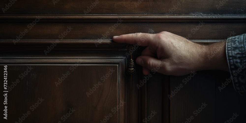 Poster a person holding a door handle, ready to open or close a door. suitable for illustrating concepts of