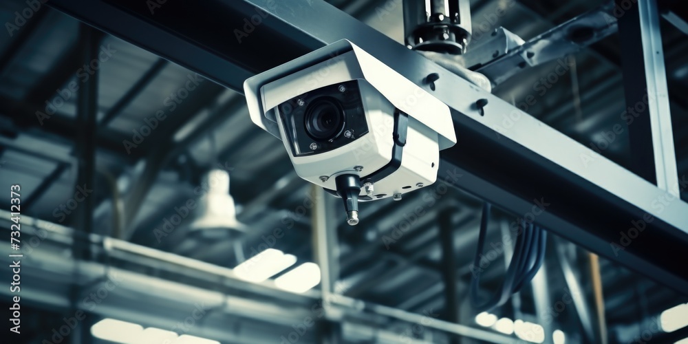 Poster a security camera mounted on the ceiling of a building. suitable for surveillance and security purpo