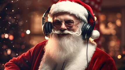 Santa Claus wearing headphones and sporting a beard. Perfect for holiday-themed designs and promotions