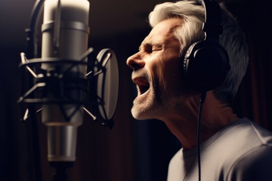 A man is captured singing into a microphone while wearing headphones. This versatile image can be used to represent music, live performances, recording studios, or passion for singing