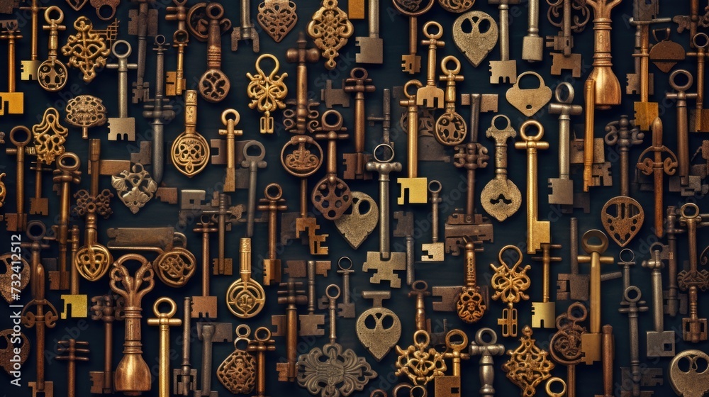 Poster A collection of vintage keys displayed on a wall. Perfect for adding a touch of nostalgia and history to any project