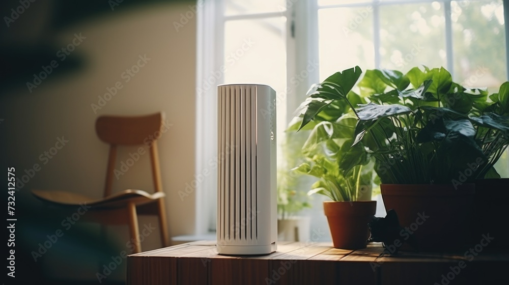 Aufkleber a white air purifier is placed on top of a wooden table, accompanied by a potted plant. ideal for pr