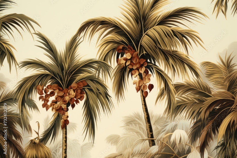 Poster A serene painting of palm trees in a beautiful tropical setting. Perfect for adding a touch of paradise to any space