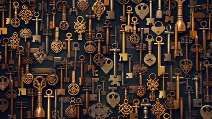 A collection of vintage keys displayed on a wall. Perfect for adding a touch of nostalgia and history to any project