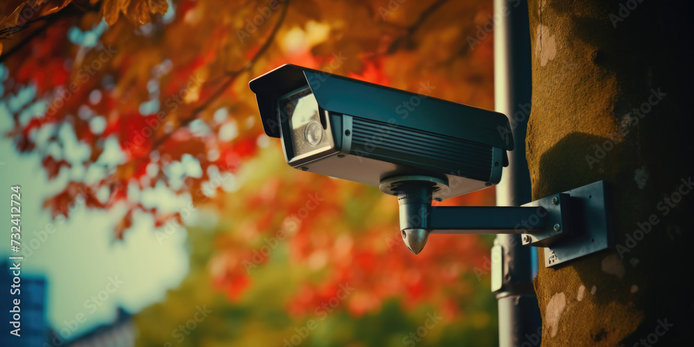 Poster A security camera mounted on a wall next to a tree. Suitable for surveillance and monitoring purposes