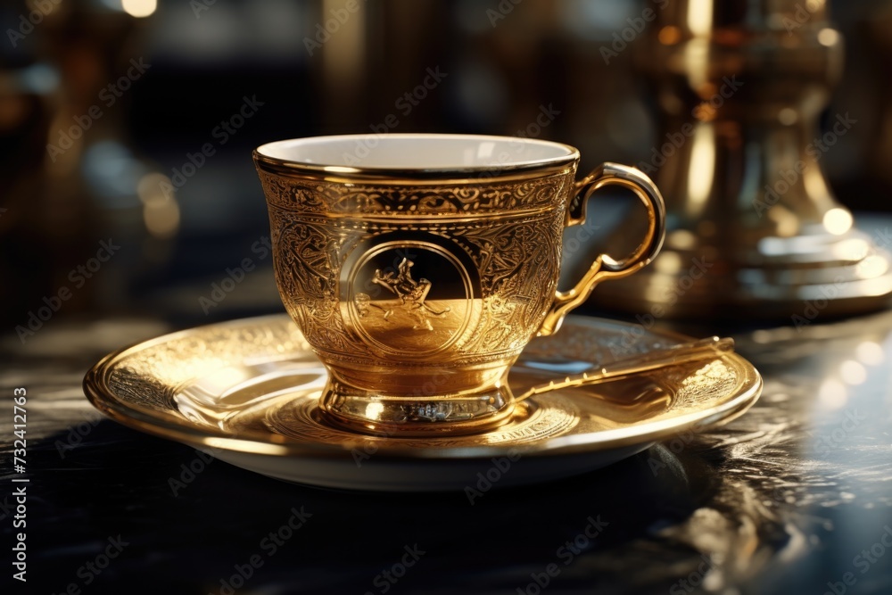 Poster A gold cup and saucer placed on a table. Suitable for use in various contexts